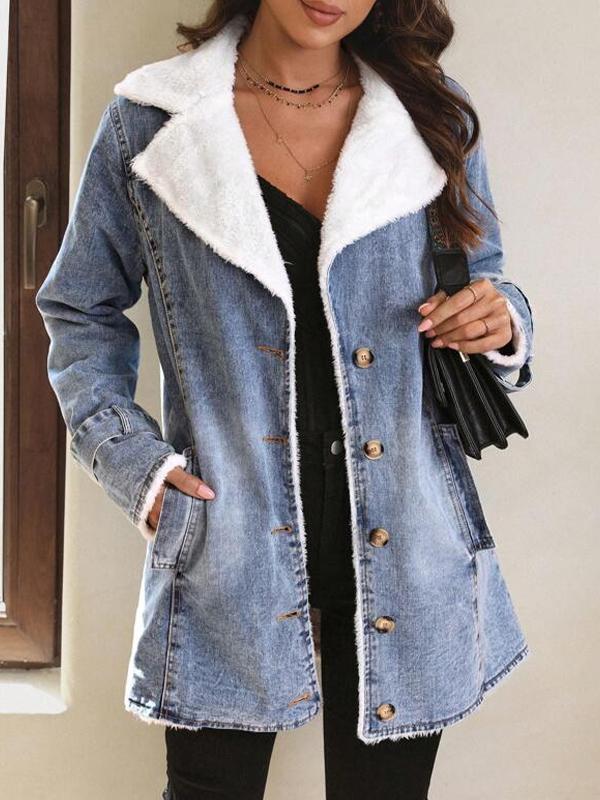 Lapel Neck Fleece Lined Denim Coat