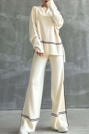 Women's slit hem contrast trim long-sleeve sweater suit