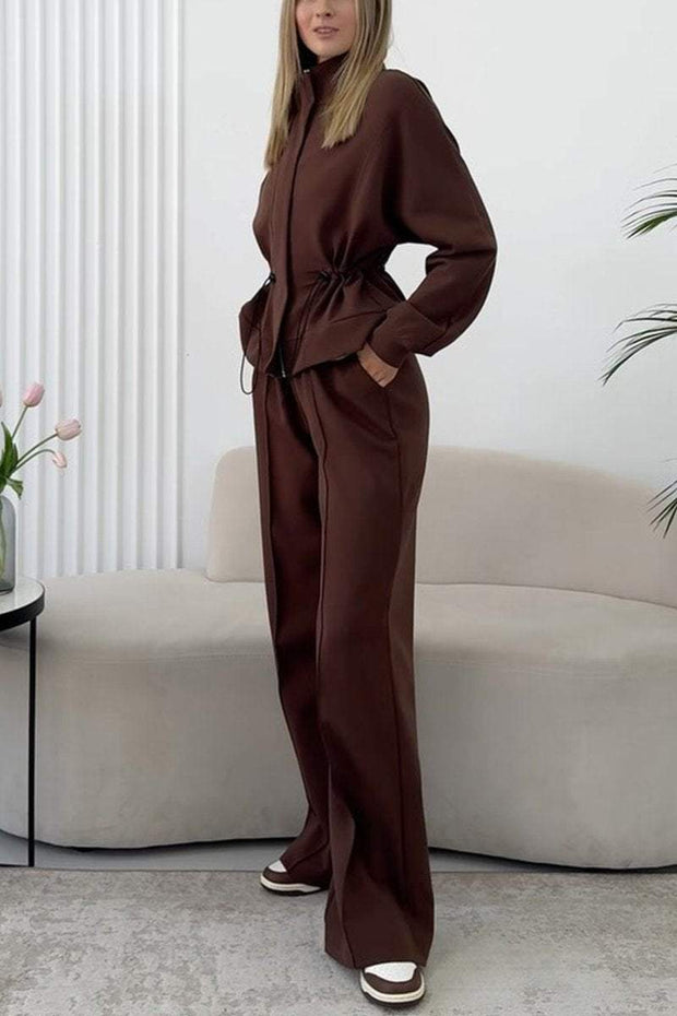 Women's Casual Stand Collar Waist Two Piece Suit