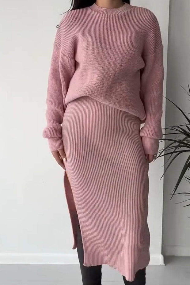 Women's Casual Solid Color Knitted Skirt Two-piece Set