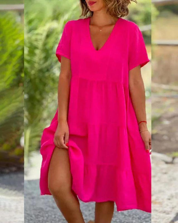 Women's fresh sweet V-neck solid color big swing casual skirt dress