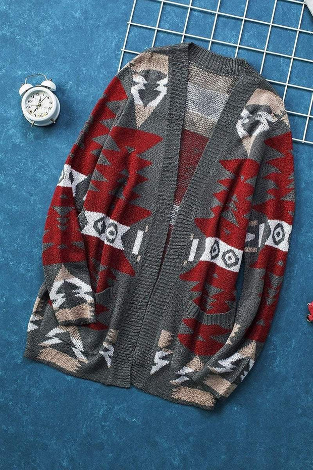 Vintage Western Print Casual Knit Cardigan