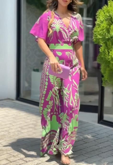 Printed casual V-neck jumpsuit