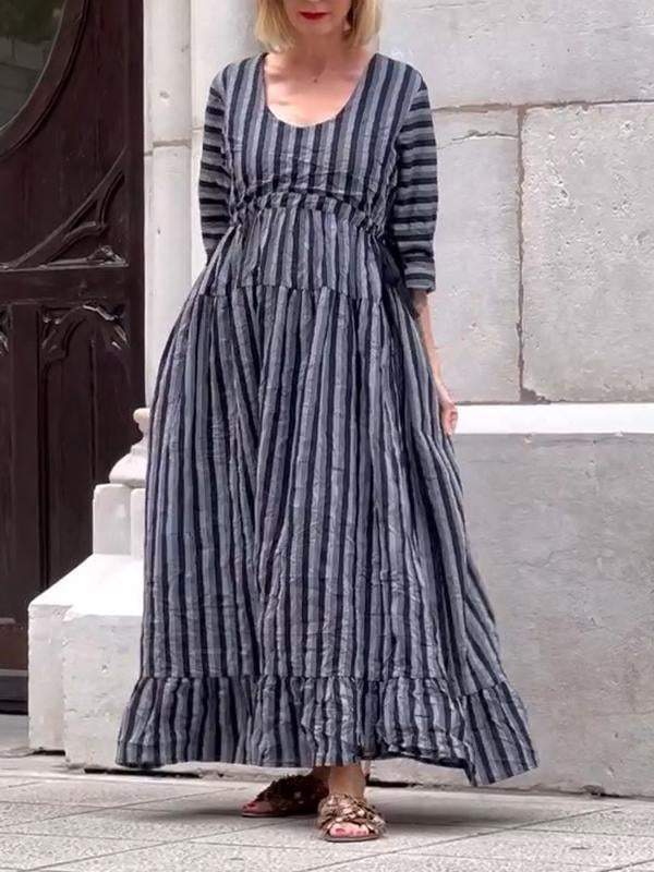 Women's Round Neck Mid-length Sleeve Striped Loose Dress