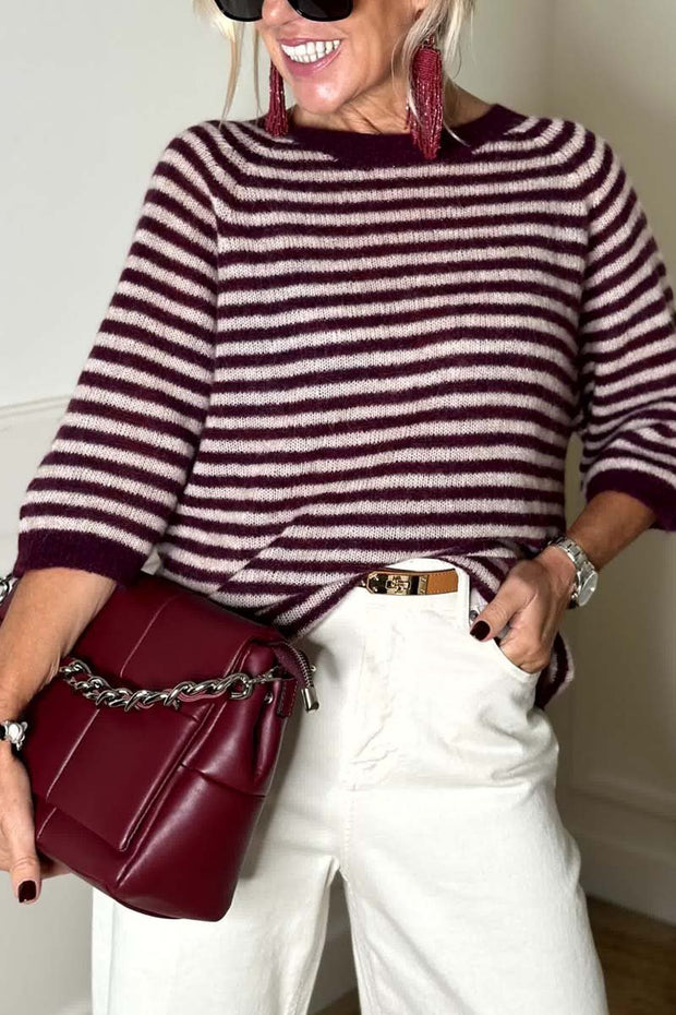 Women's Casual Loose Striped Half Sleeve Sweater