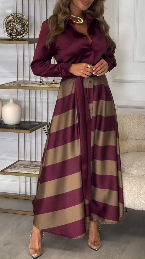 Women's Lapel Long Sleeve Striped Stitching Temperament Dress