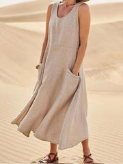 Women's Pocket Sleeveless Round Neck Cotton & Linen Dress