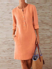 Cotton & Linen Round Neck Long Sleeve Dress