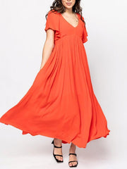 Women's V-neck Solid Color Dress with Lotus Leaf Sleeves