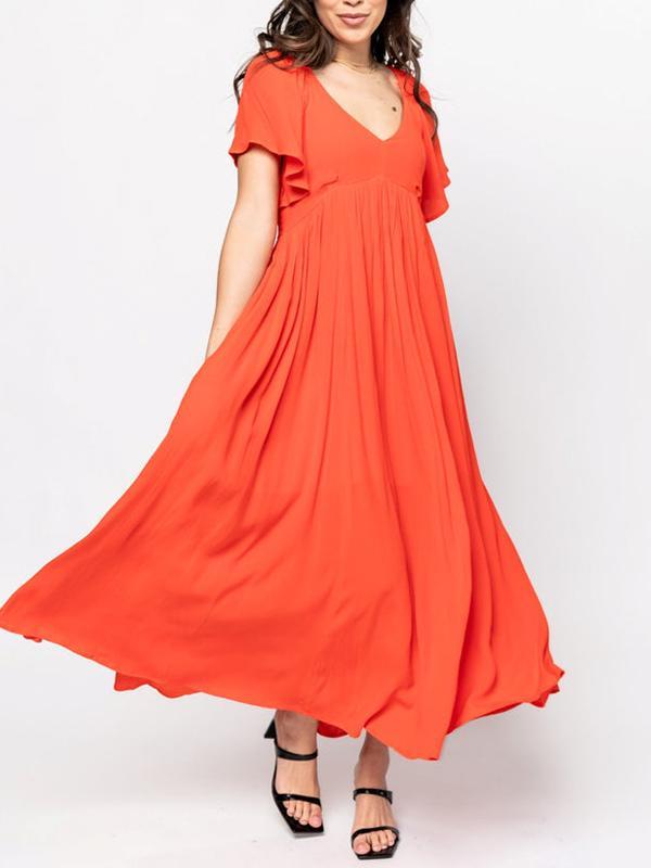 Women's V-neck Solid Color Dress with Lotus Leaf Sleeves