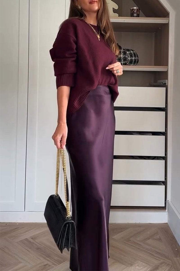 Women's Round Neck Long Sleeve Sweater and Skirt Two Piece Set