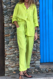 Women Cotton And Linen Top & Trousers Two-piece Set