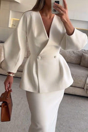 Women's Long-sleeved V-neck Top and Hip Skirt Suit