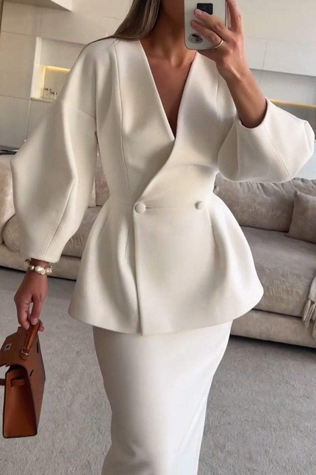 Women's Long-sleeved V-neck Top and Hip Skirt Suit