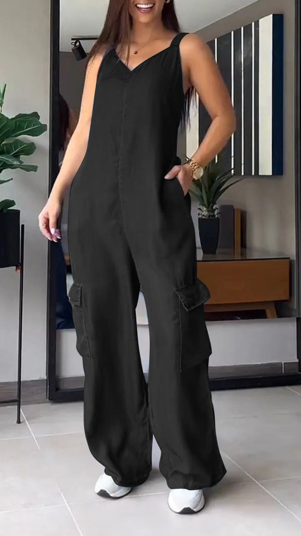 Thin Denim Cargo Pocket V-neck Jumpsuit