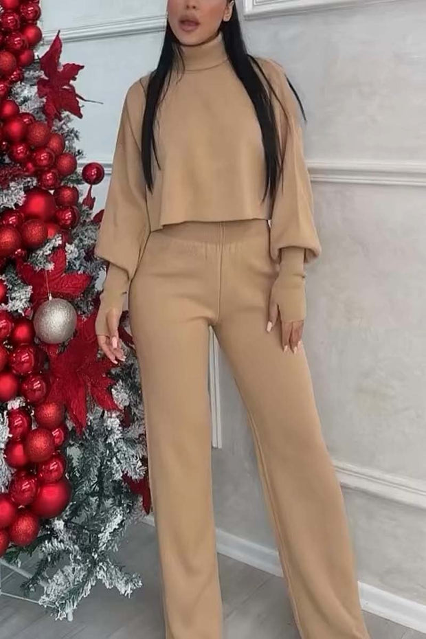 Women's Solid Color Turtleneck Cropped Top and Pants Sweater Set