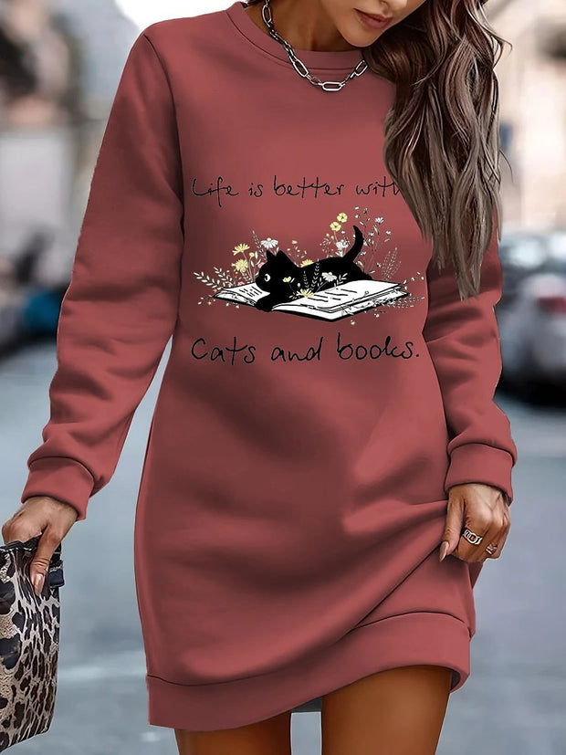 Women's Sweatshirt Dress Casual Dress Mini Dress Warm Fashion Outdoor Vacation Going out Crew Neck Print Cat Letter Regular Fit