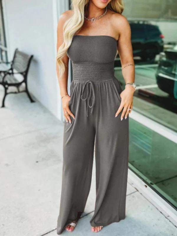 Off-the-shoulder solid color gathered jumpsuit