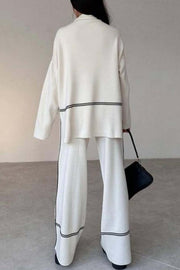 Women's slit hem contrast trim long-sleeve sweater suit