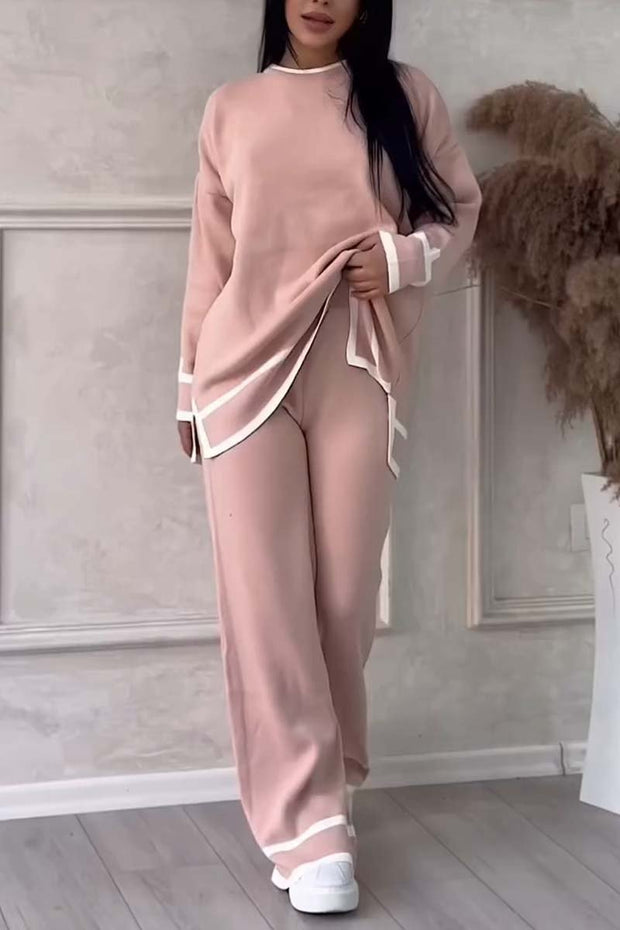 Women's Slit Long Sleeve Sweater High Waist Pants Suit