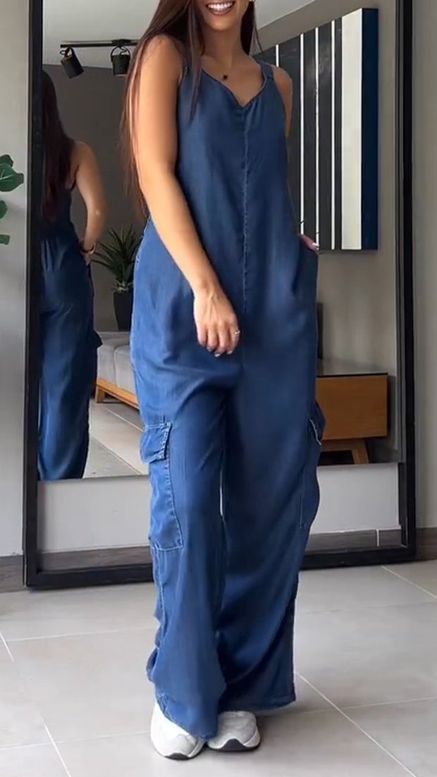 Thin Denim Cargo Pocket V-neck Jumpsuit