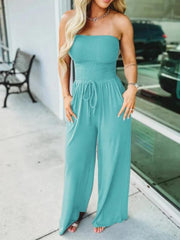 Off-the-shoulder solid color gathered jumpsuit