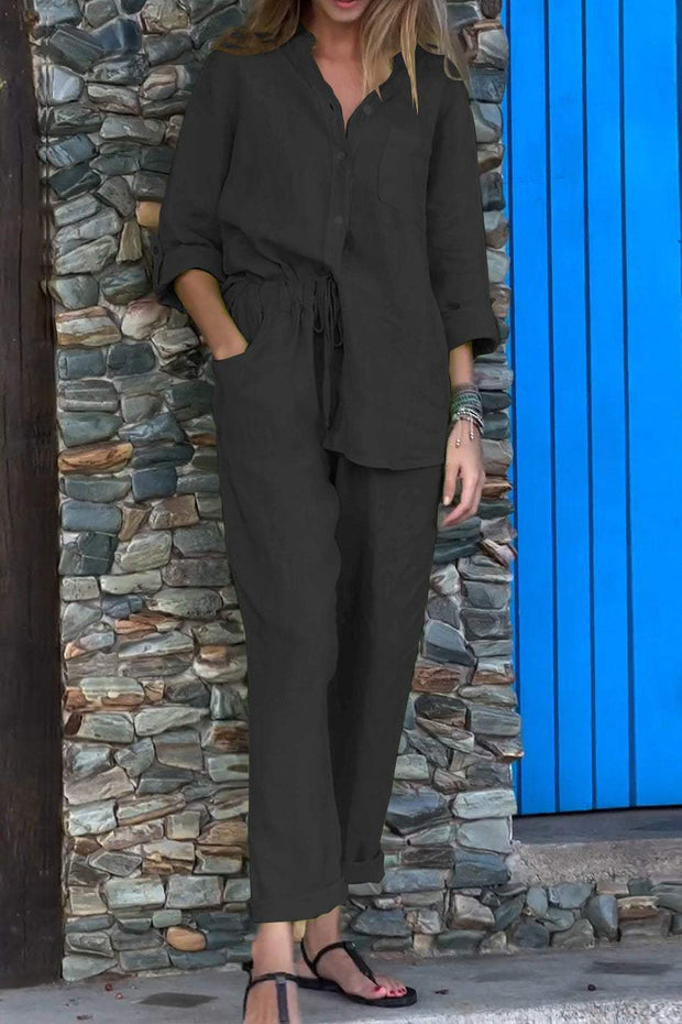 Women Cotton And Linen Top & Trousers Two-piece Set