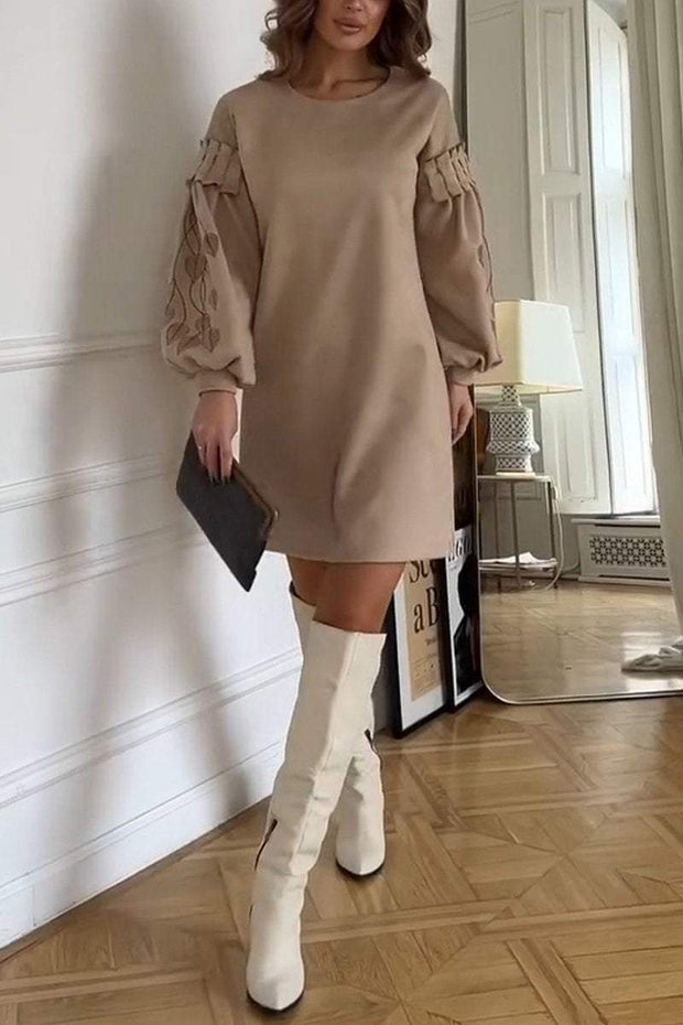 Women's Casual Round Neck Puff Sleeve Short Dress