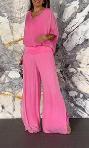 Solid color casual cotton and linen top and pants suit