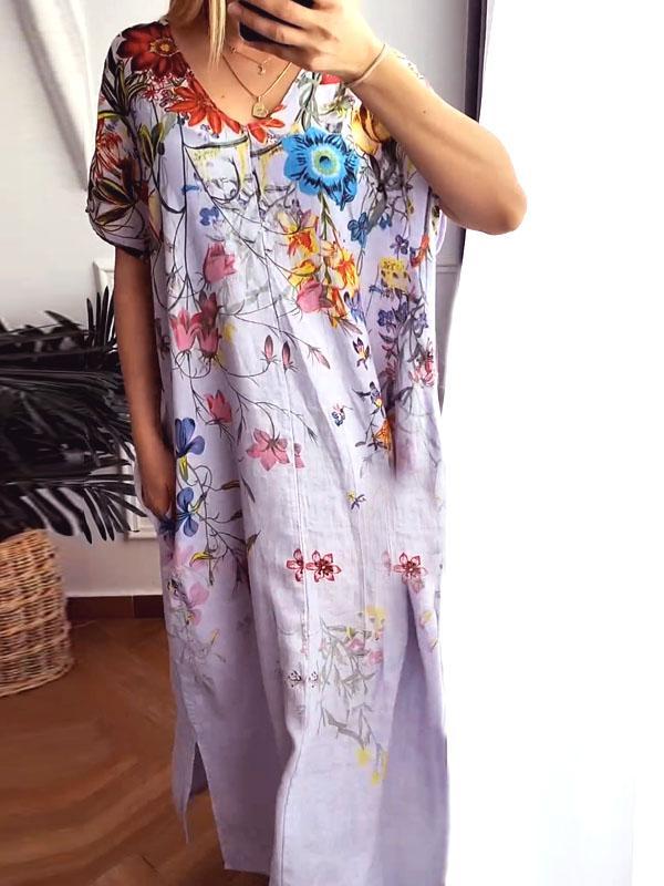 Summer cotton and linen printed short-sleeved dress