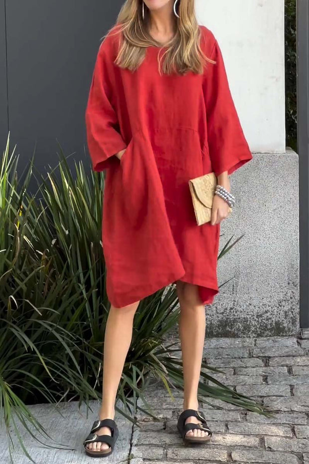 Casual solid color cotton and linen dress