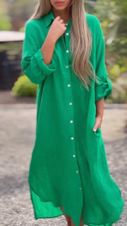 Women's Casual Solid Color Button Front Linen Shirt Dress