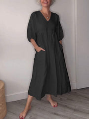 Women's V-neck Solid Color Mid-length Sleeve Dress