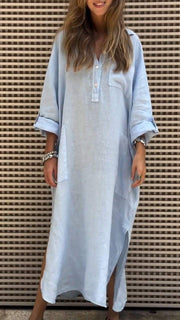 Women's V-neck Cotton Linen Long-sleeved Dress