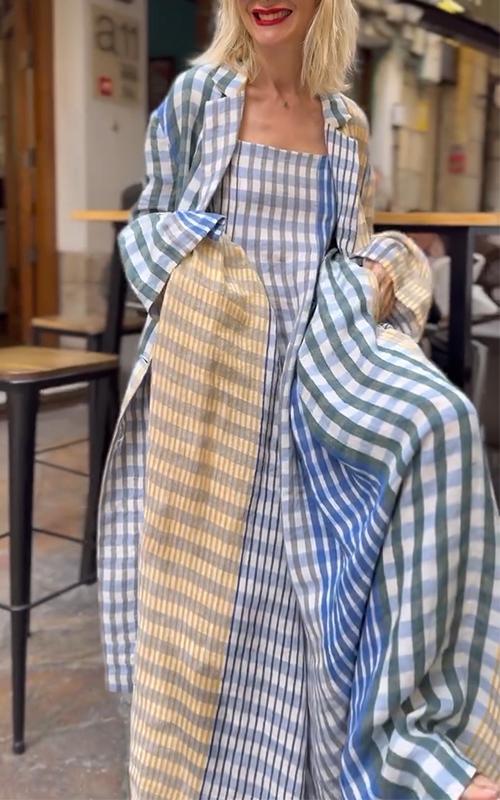 Women's Square Collar Suspender Dress with Coat Plaid Two-piece Suit