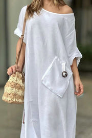 Patch pocket round neck cotton and linen dress