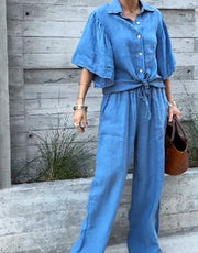 Ruffle sleeve lapel cotton and linen top + wide-leg pants two-piece set