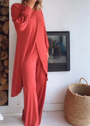 Round Neck Long Cardigan and Trousers Suit