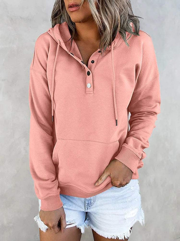 Hotouch Solid Button Front Hoodie with Pocket