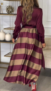 Women's Lapel Long Sleeve Striped Stitching Temperament Dress