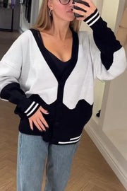 Women's casual V-neck color-block wool cardigan