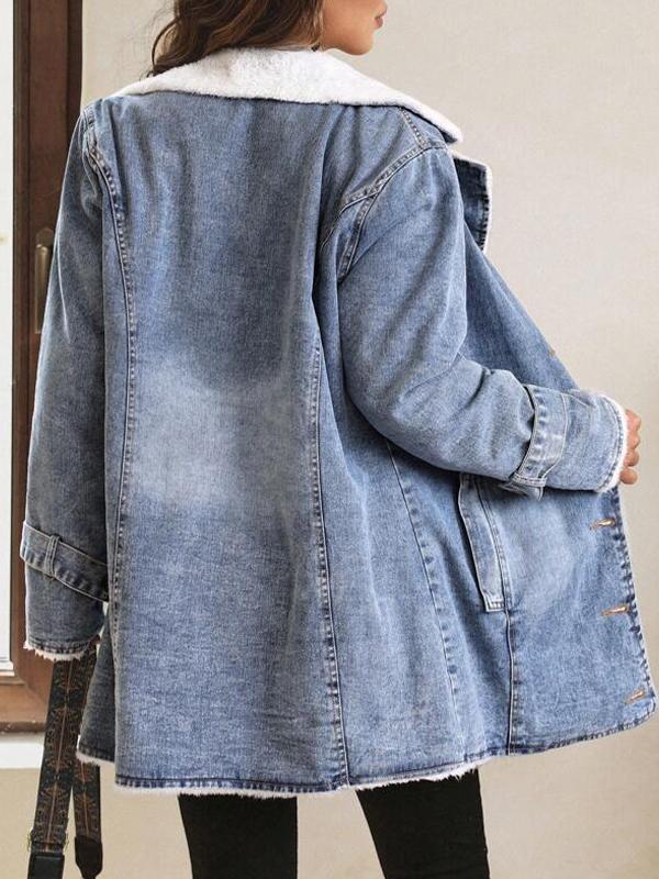 Lapel Neck Fleece Lined Denim Coat