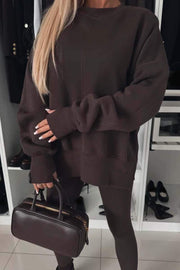 Women's Fall/winter Solid Color Crew-neck Side Slit Hoodie Set