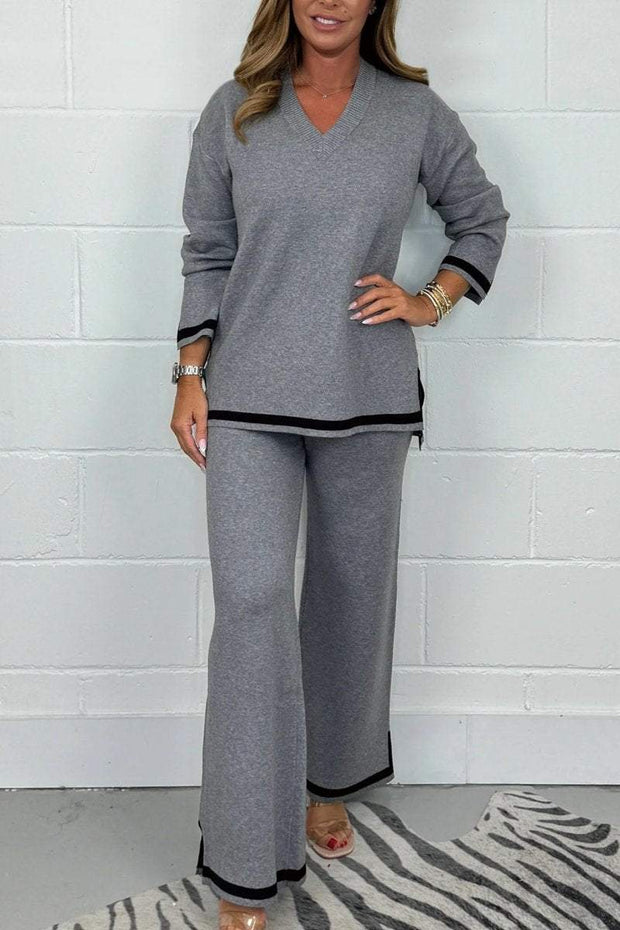 Women's V-Neck Soft Knit Border Edge Trouser Co-Ord