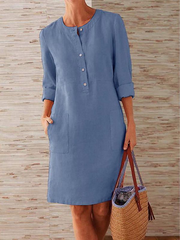 Cotton & Linen Round Neck Long Sleeve Dress