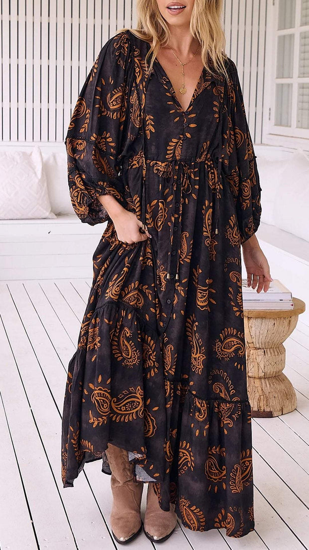 Women's V-neck Printed Long-sleeved Casual Dress