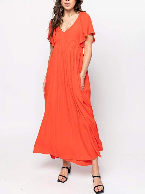 Women's V-neck Solid Color Dress with Lotus Leaf Sleeves