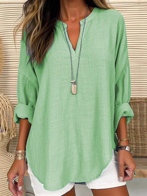 V Neck Long Sleeve Plain Regular Loose Shirt For Women