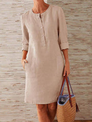 Cotton & Linen Round Neck Long Sleeve Dress