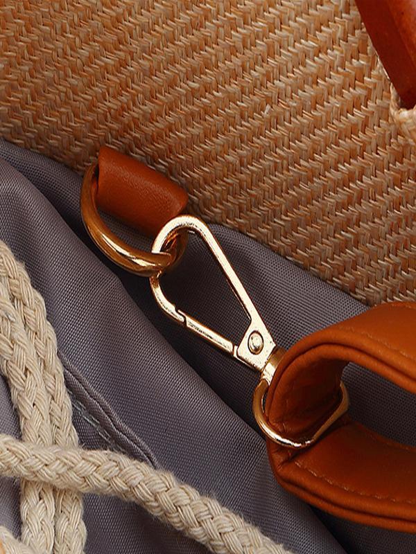 Women's Wooden Handle Handbag Straw Shoulder Bag